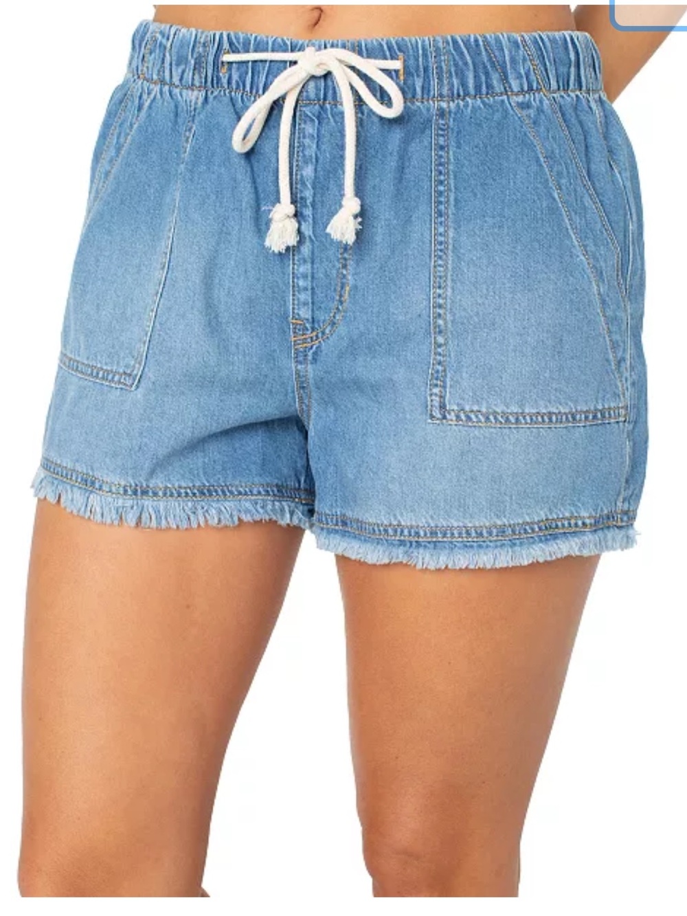 Celebrity Pink Light Blue Denim Drawstring Frayed Hem Shorts, size large